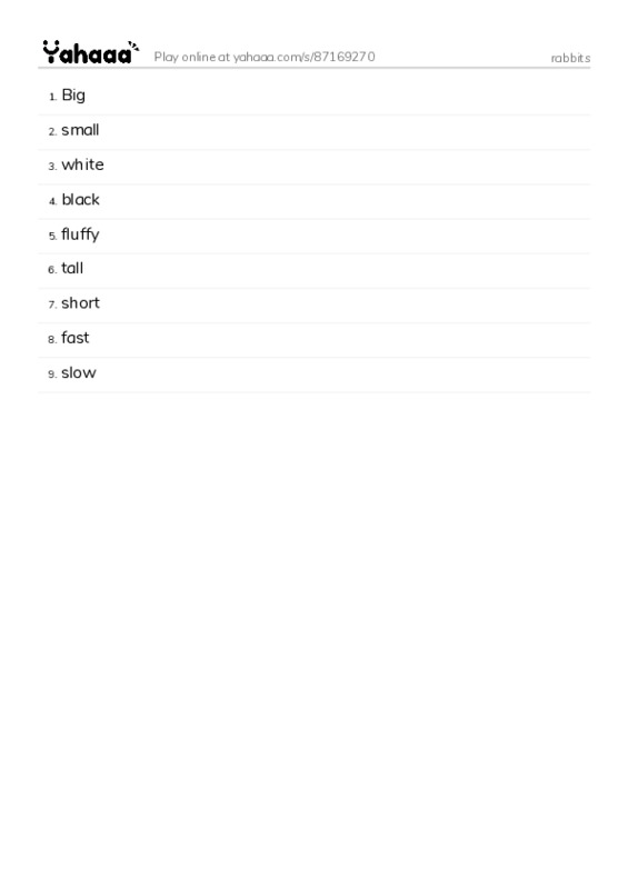Word list with meanings worksheet for rabbits