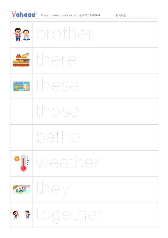 Picture and word rows worksheet for brother, there, these and 5 more