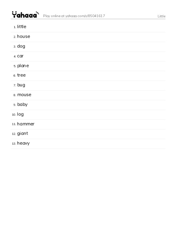 Word list with meanings worksheet for Little