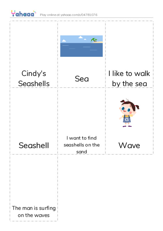Picture flashcards worksheet for Cindy's Seashells, Sea, I like to walk by the sea and 4 more