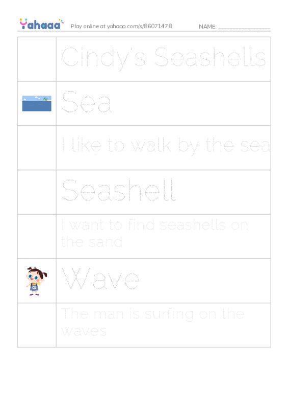 Picture and word rows worksheet for Cindy's Seashells, Sea, I like to walk by the sea and 4 more