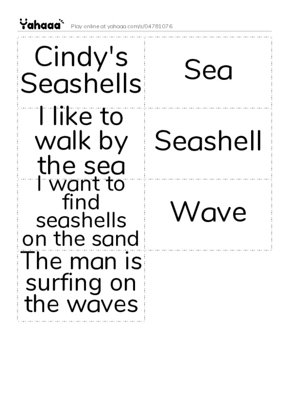 Word flashcards worksheet for Cindy's Seashells, Sea, I like to walk by the sea and 4 more