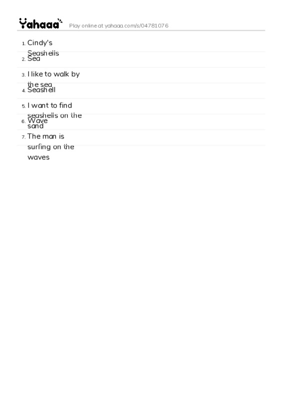 Word list with meanings worksheet for Cindy's Seashells, Sea, I like to walk by the sea and 4 more