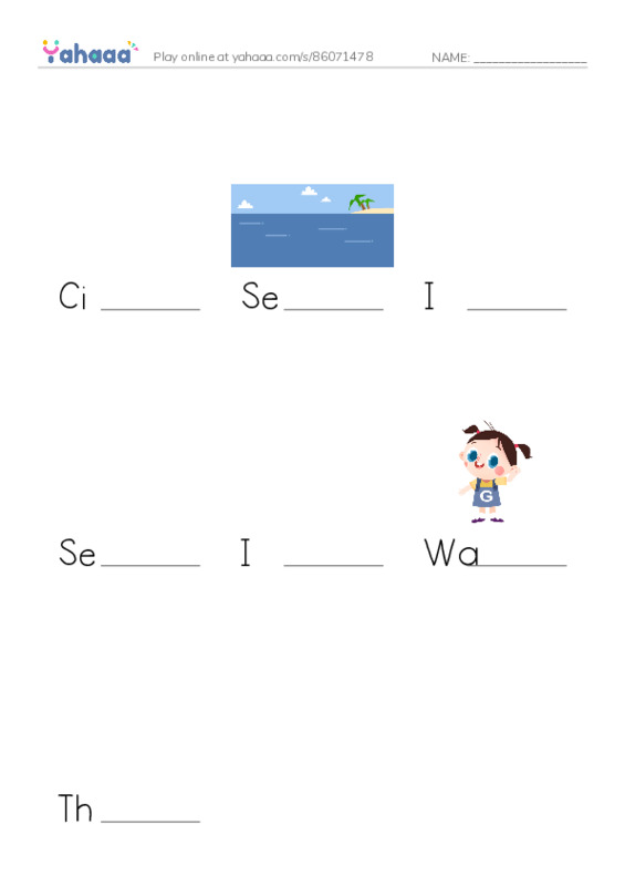 Finish the word worksheet for Cindy's Seashells, Sea, I like to walk by the sea and 4 more