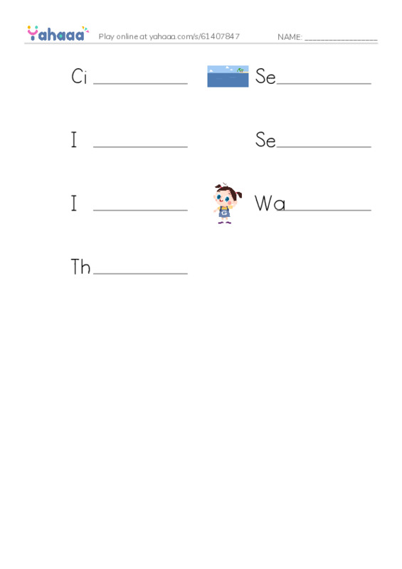 Write the word rows worksheet for Cindy's Seashells, Sea, I like to walk by the sea and 4 more