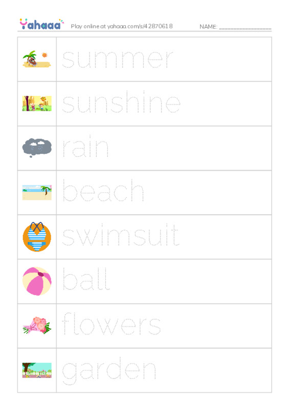 Picture and word rows worksheet for Summer