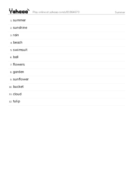 Word list with meanings worksheet for Summer