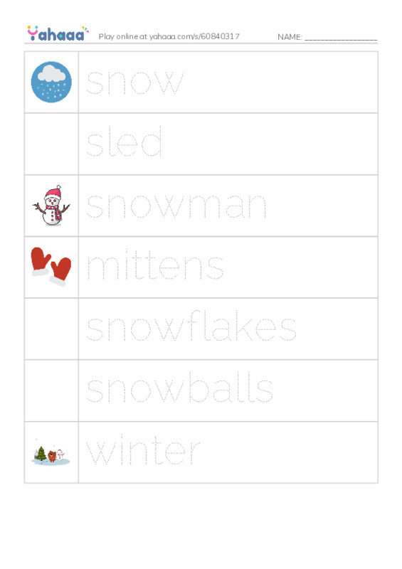 Picture and word rows worksheet for Winter