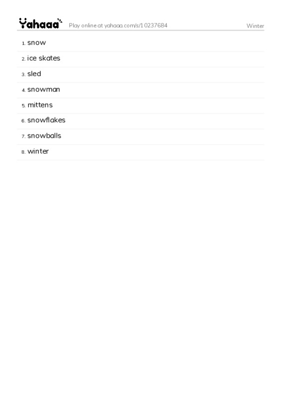 Word list with meanings worksheet for Winter