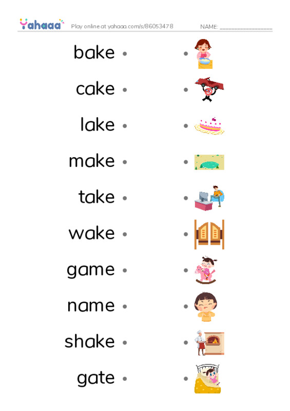 Draw a line to match worksheet for Magies e (a_e)