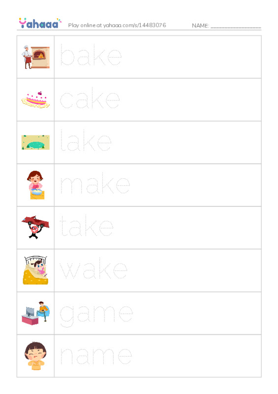 Picture and word rows worksheet for Magies e (a_e)