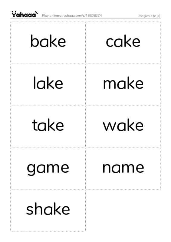Word flashcards worksheet for Magies e (a_e)