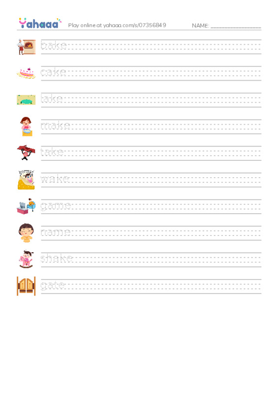 Handwriting lines worksheet for Magies e (a_e)
