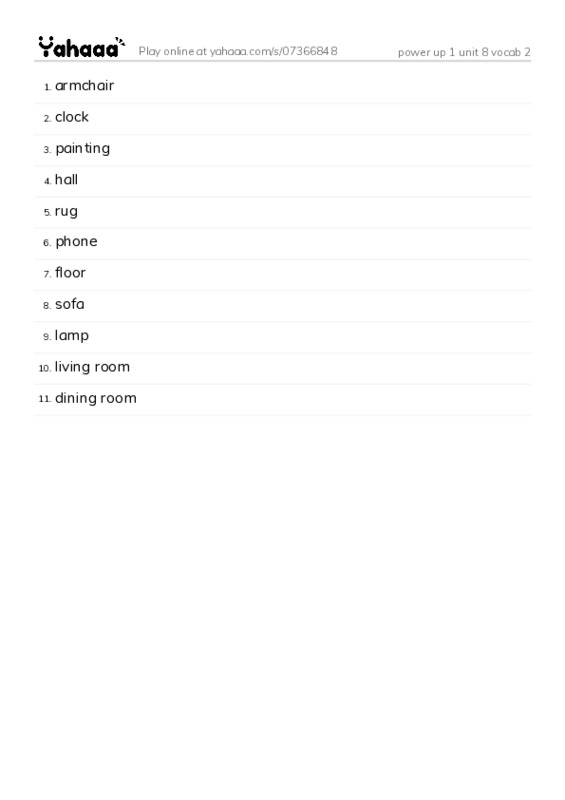 Word list with meanings worksheet for power up 1 unit 8 vocab 2