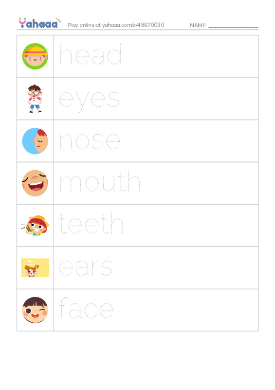 Picture and word rows worksheet for my face