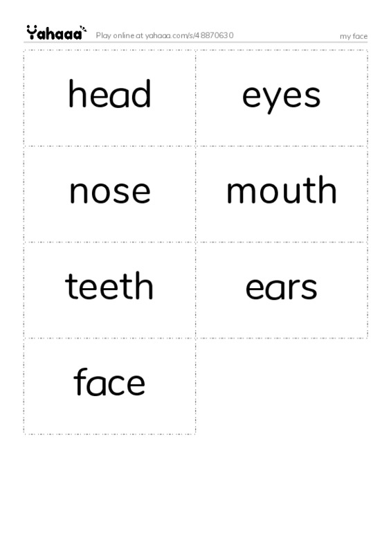 Word flashcards worksheet for my face