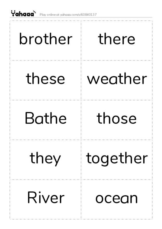 Word flashcards worksheet for 