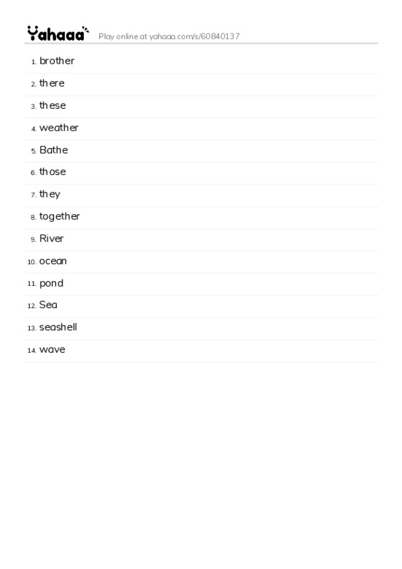 Word list with meanings worksheet for 