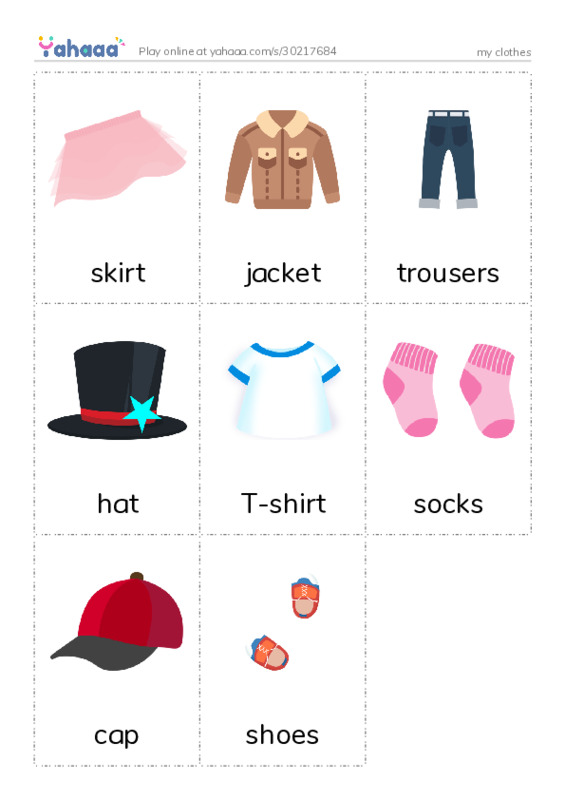 Picture flashcards worksheet for my clothes