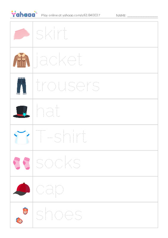 Picture and word rows worksheet for my clothes