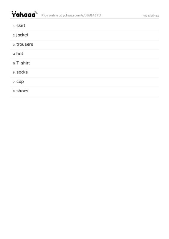 Word list with meanings worksheet for my clothes