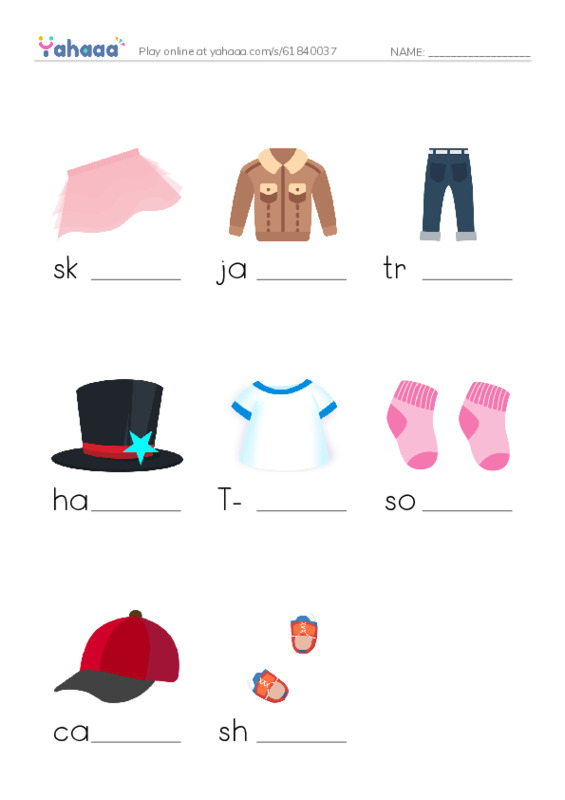 Finish the word worksheet for my clothes