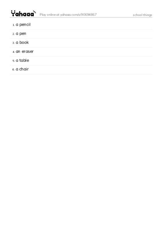 Word list with meanings worksheet for school things