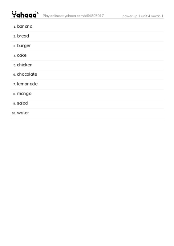 Word list with meanings worksheet for power up 1 unit 4 vocab 1