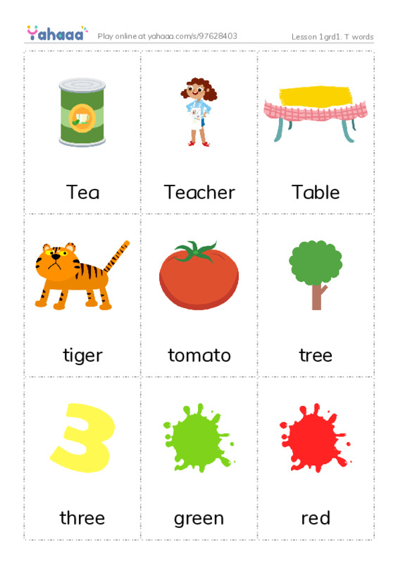 Picture flashcards worksheet for Lesson 1grd1. T words
