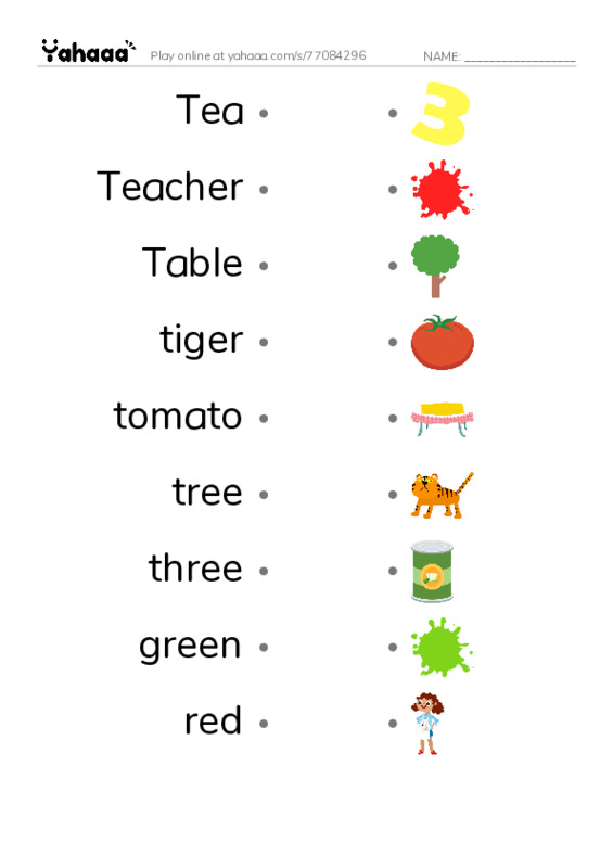 Draw a line to match worksheet for Lesson 1grd1. T words