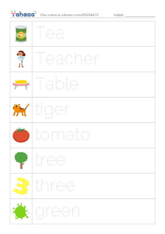 Picture and word rows worksheet for Lesson 1grd1. T words