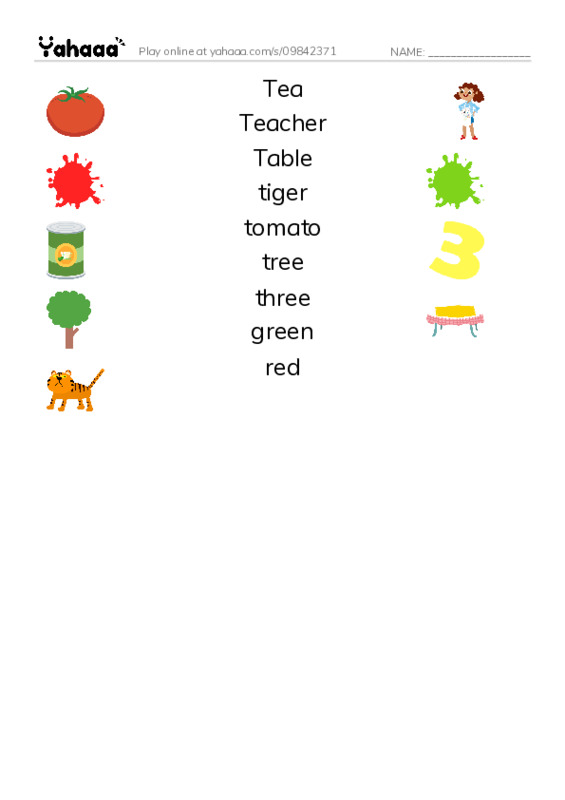 Match both sides worksheet for Lesson 1grd1. T words