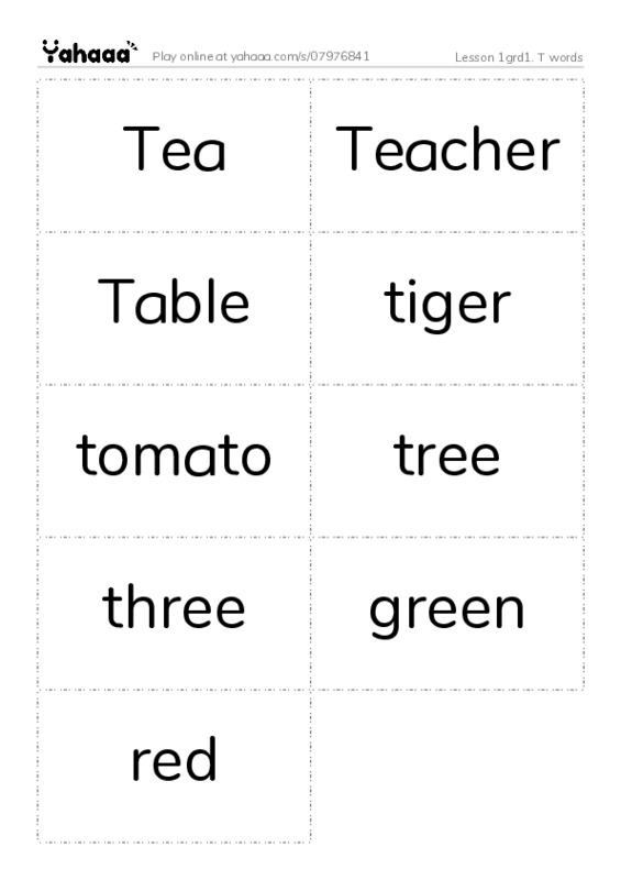 Word flashcards worksheet for Lesson 1grd1. T words