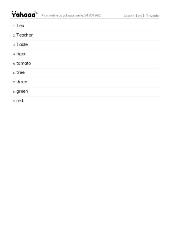 Word list with meanings worksheet for Lesson 1grd1. T words