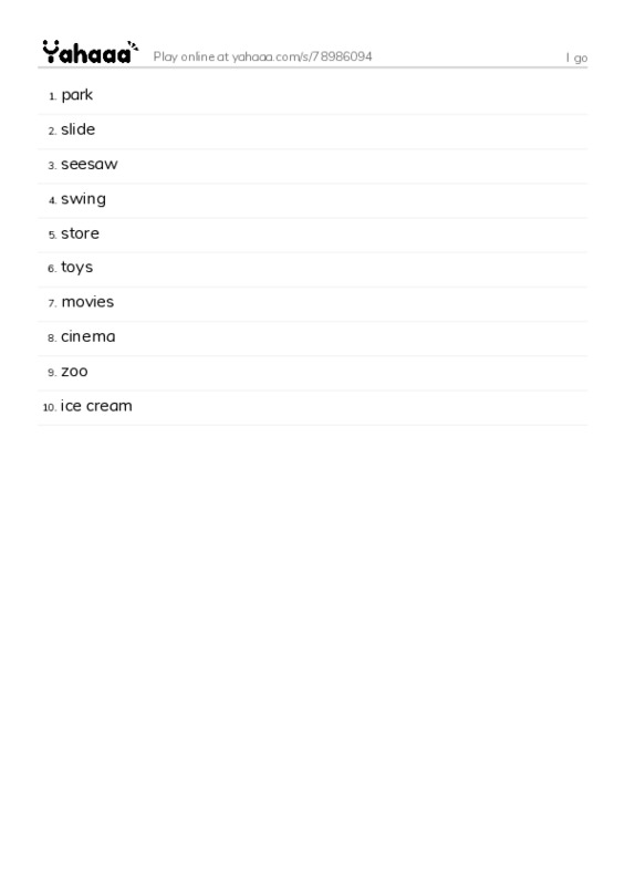 Word list with meanings worksheet for I go