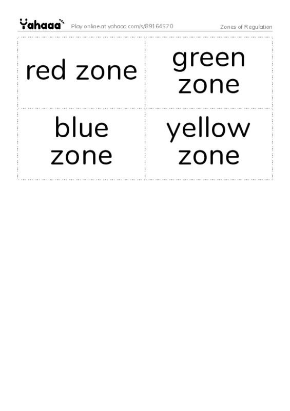 Word flashcards worksheet for Zones of Regulation
