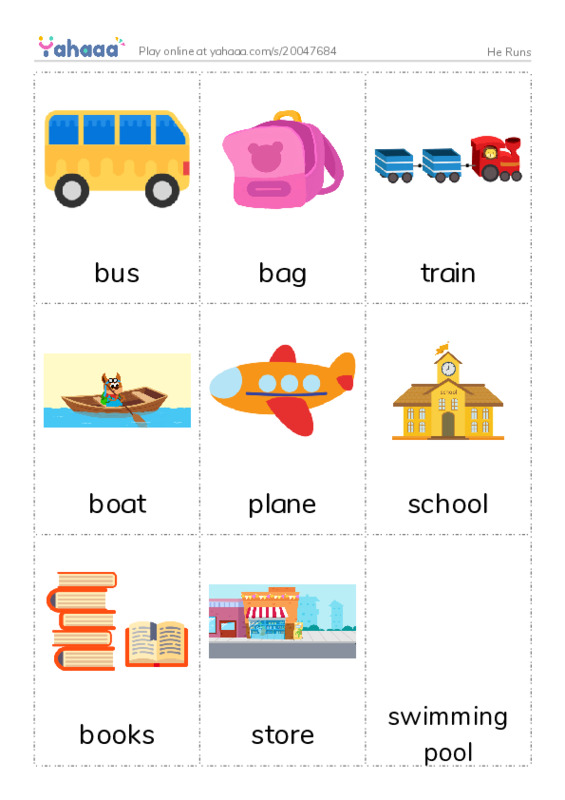 Picture flashcards worksheet for He Runs