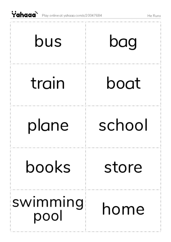 Word flashcards worksheet for He Runs