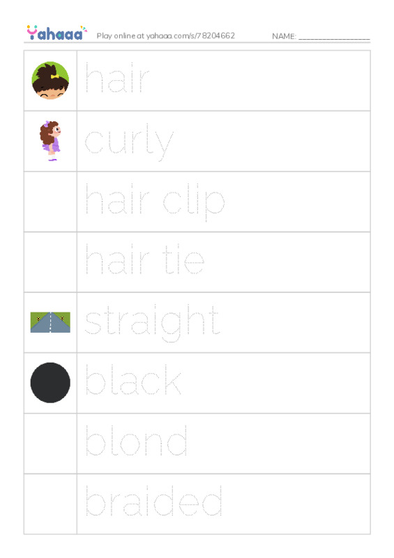 Picture and word rows worksheet for Hair