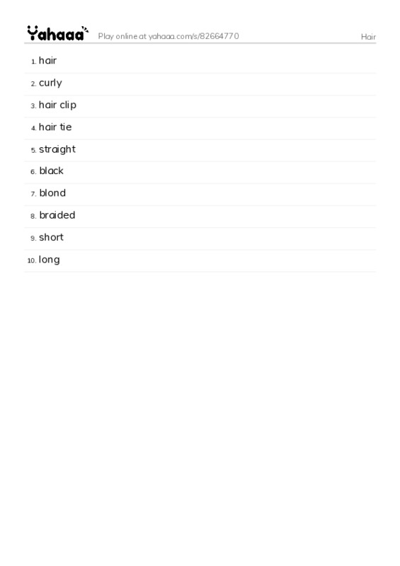 Word list with meanings worksheet for Hair