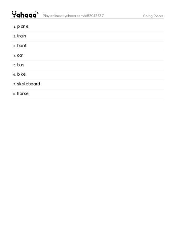 Word list with meanings worksheet for Going Places
