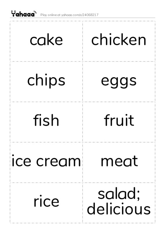 Word flashcards worksheet for cake, chicken, chips and 8 more