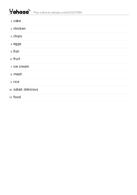 Word list with meanings worksheet for cake, chicken, chips and 8 more
