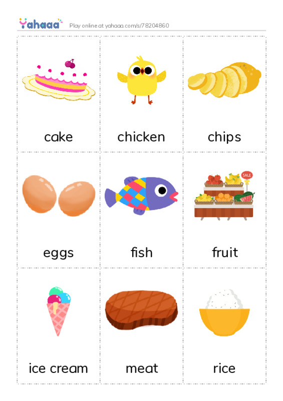 Picture flashcards worksheet for cake, chicken, chips and 8 more
