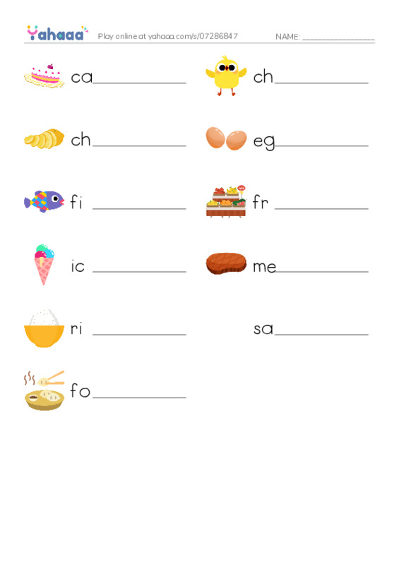 Write the word rows worksheet for cake, chicken, chips and 8 more