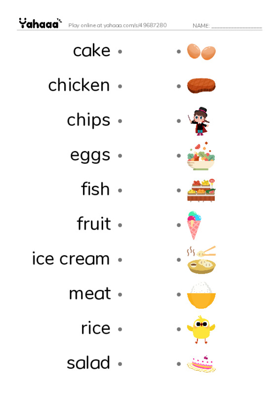 Draw a line to match worksheet for cake, chicken, chips and 9 more