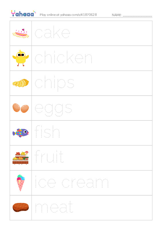 Picture and word rows worksheet for cake, chicken, chips and 9 more