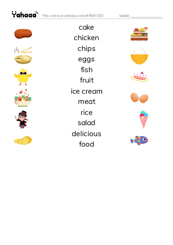Match both sides worksheet for cake, chicken, chips and 9 more