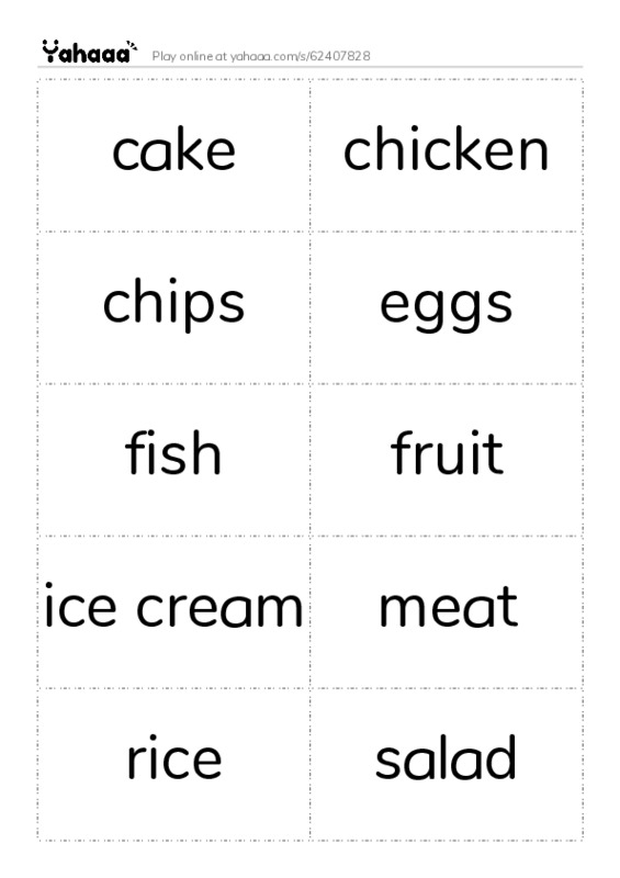 Word flashcards worksheet for cake, chicken, chips and 9 more