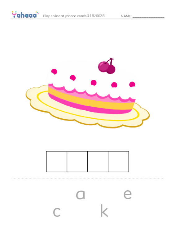Letter scramble puzzle worksheet for cake, chicken, chips and 9 more